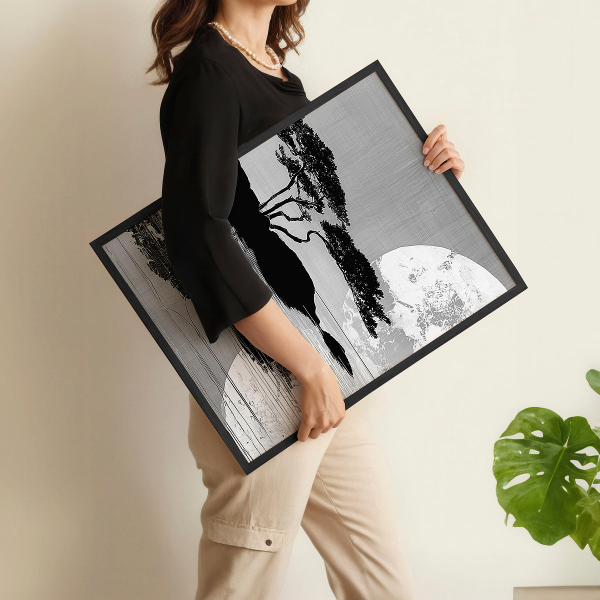 wall art Japanese Art Black Grey Moon & Pine Silhouette Japandi displayed on a wall in a styled room — view 11