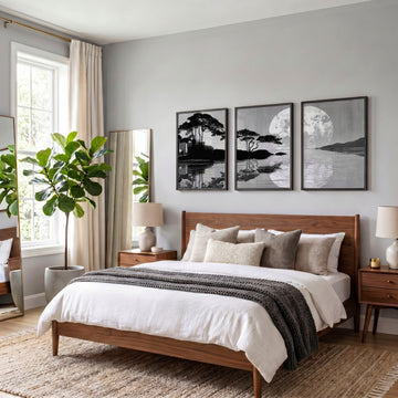 wall art Japanese Art Black Grey Moon & Pine Silhouette Japandi displayed on a wall in a styled room