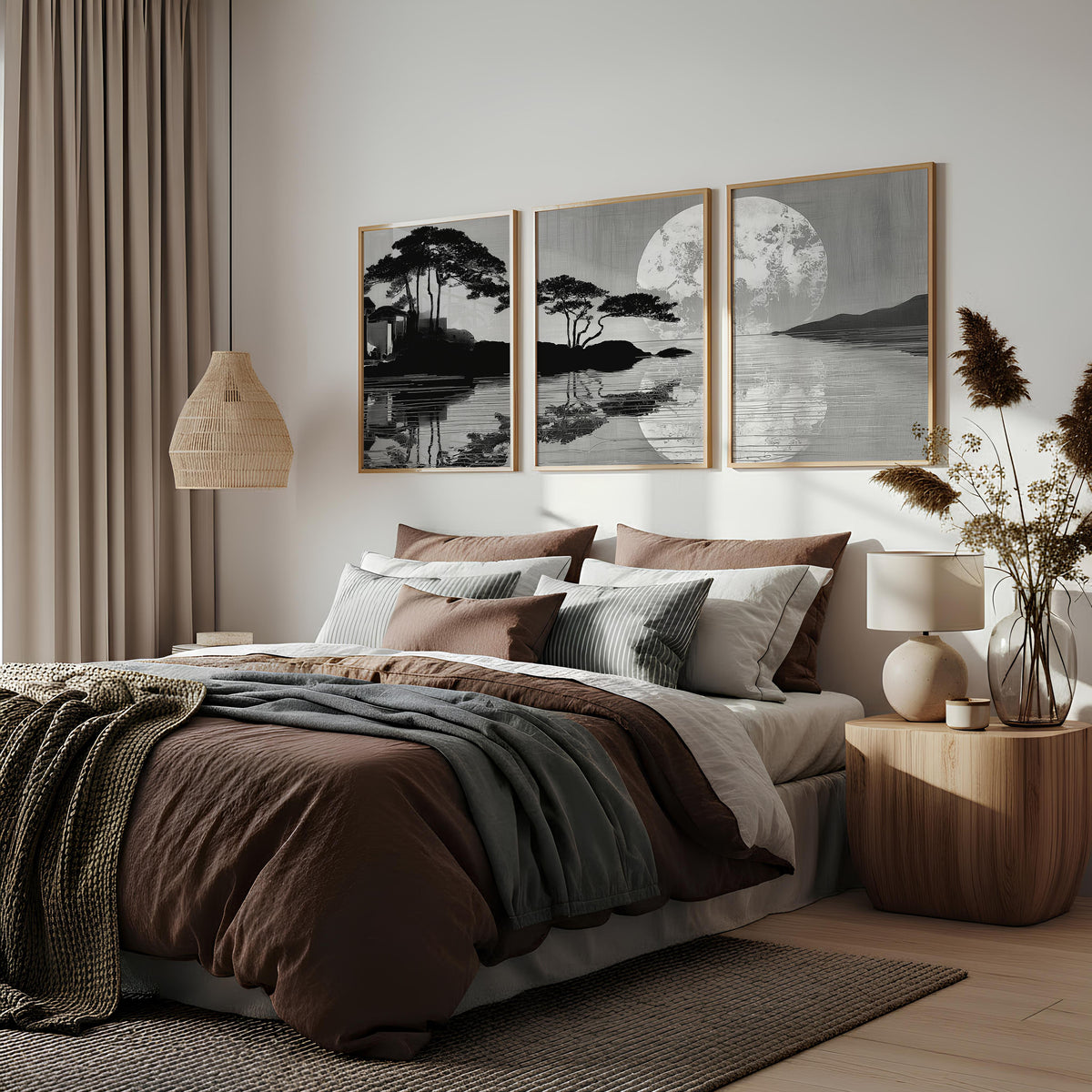 wall art Japanese Art Black Grey Moon & Pine Silhouette Japandi displayed on a wall in a styled room — view 2