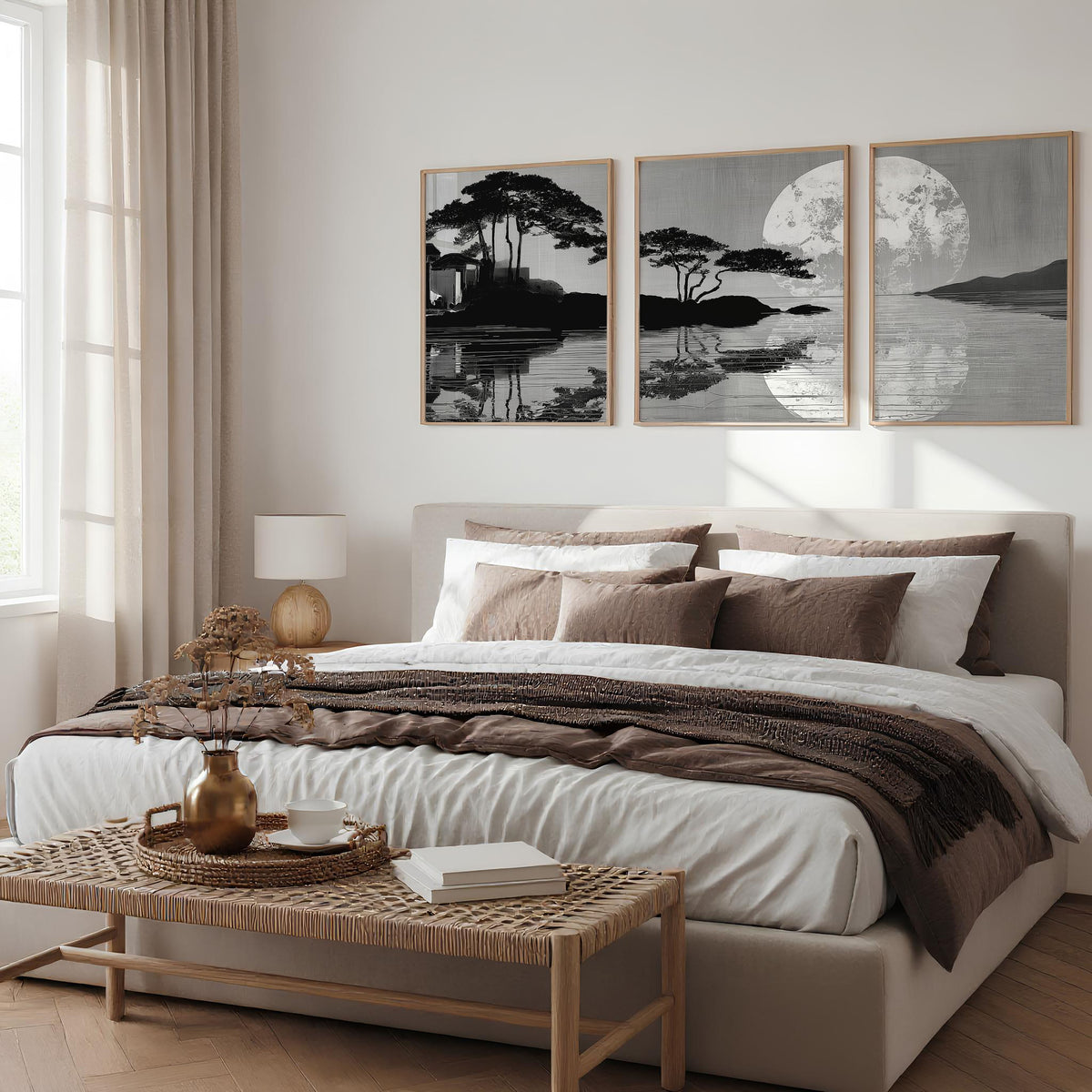 wall art Japanese Art Black Grey Moon & Pine Silhouette Japandi displayed on a wall in a styled room — view 4