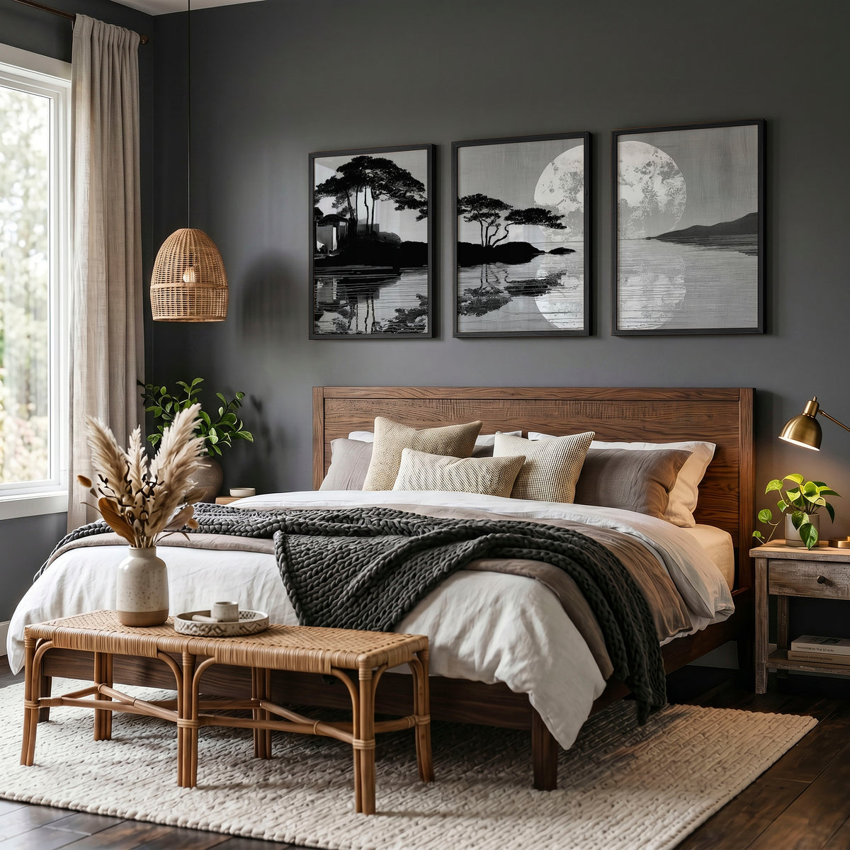 wall art Japanese Art Black Grey Moon & Pine Silhouette Japandi displayed on a wall in a styled room — view 5