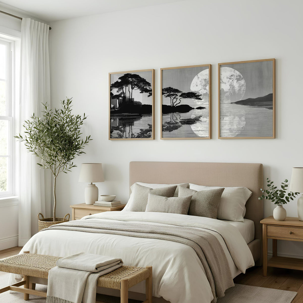 wall art Japanese Art Black Grey Moon & Pine Silhouette Japandi displayed on a wall in a styled room — view 6