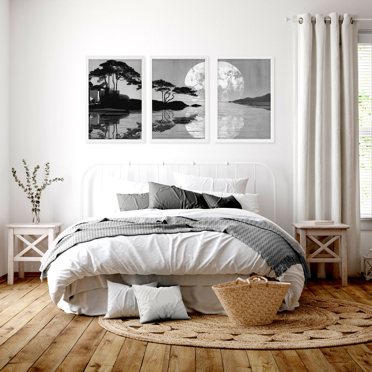 wall art Japanese Art Black Grey Moon & Pine Silhouette Japandi displayed on a wall in a styled room — view 7