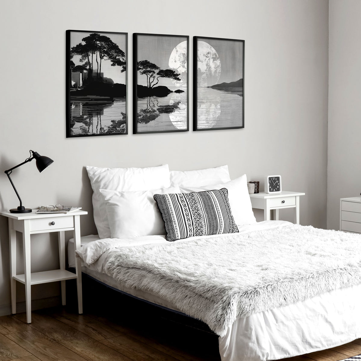 wall art Japanese Art Black Grey Moon & Pine Silhouette Japandi displayed on a wall in a styled room — view 8