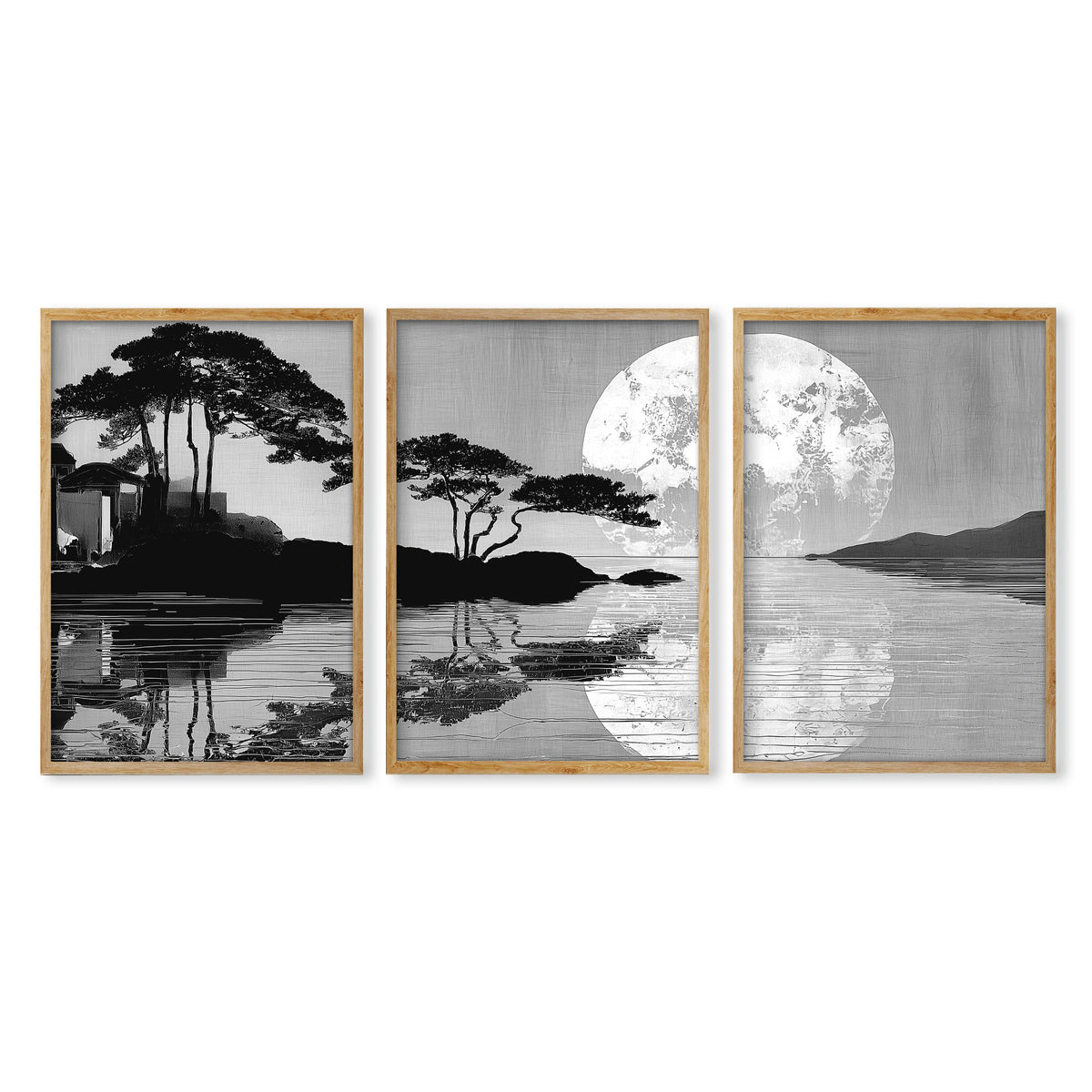 wall art Japanese Art Black Grey Moon & Pine Silhouette Japandi in an oak frame