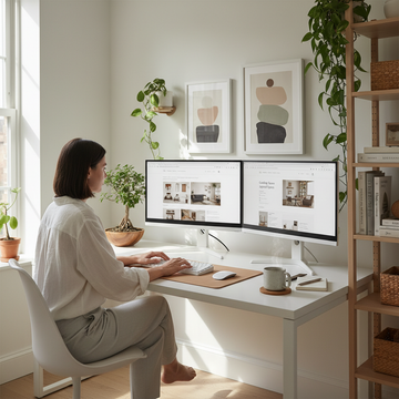 Professional blogger working at dual monitor setup in Japandi style home office