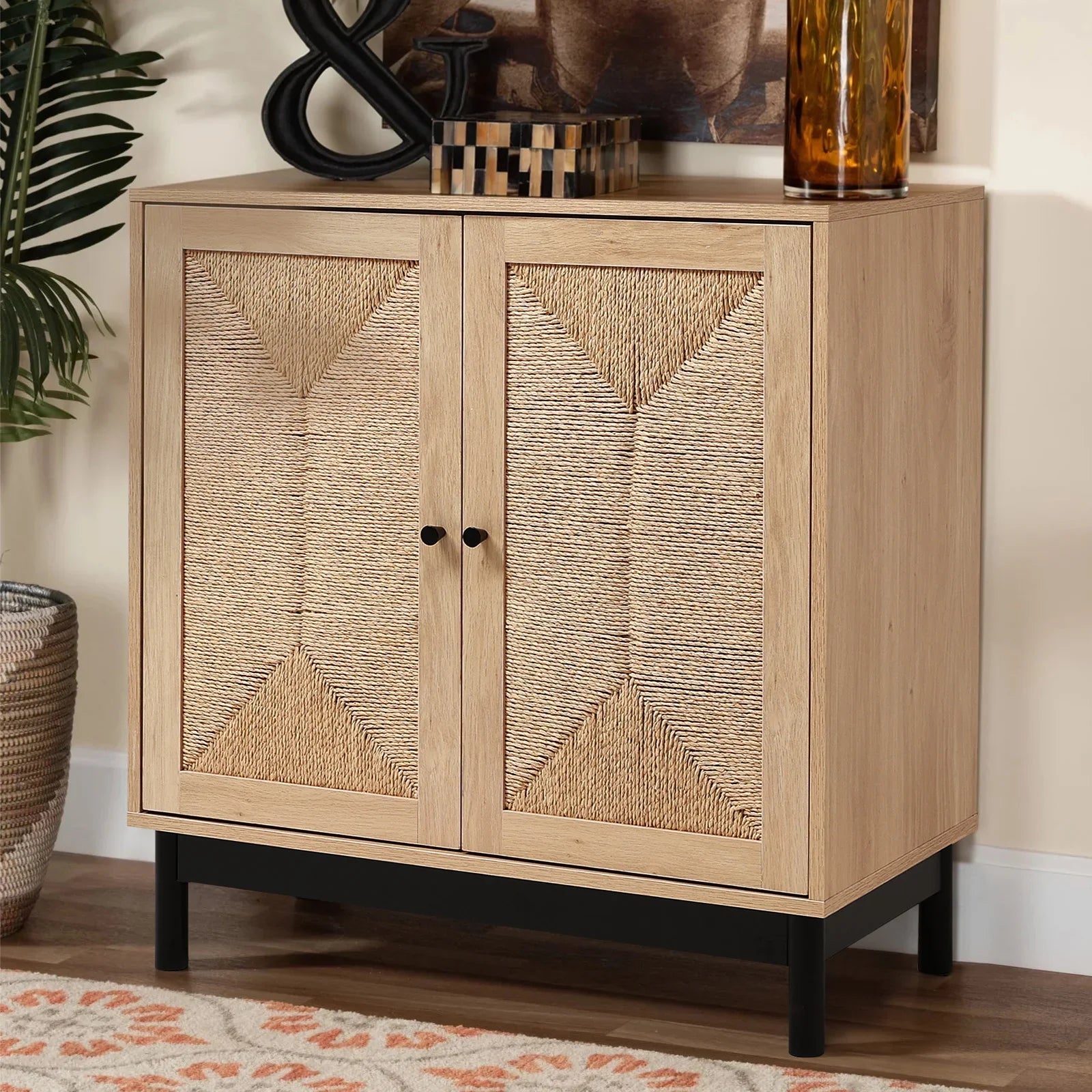 Rattan double door wooden sideboard