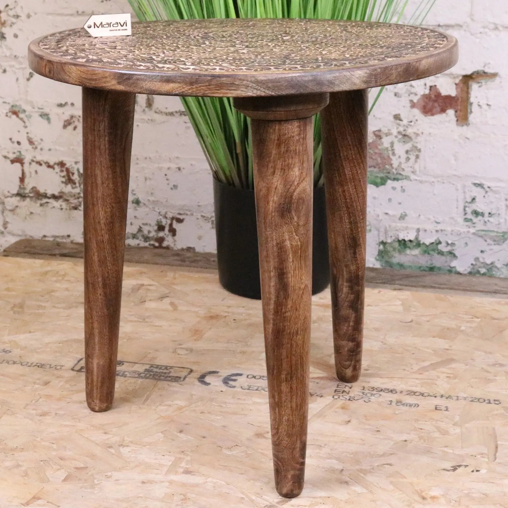 Rawlan Carved Wooden Side Table Burnt Finish