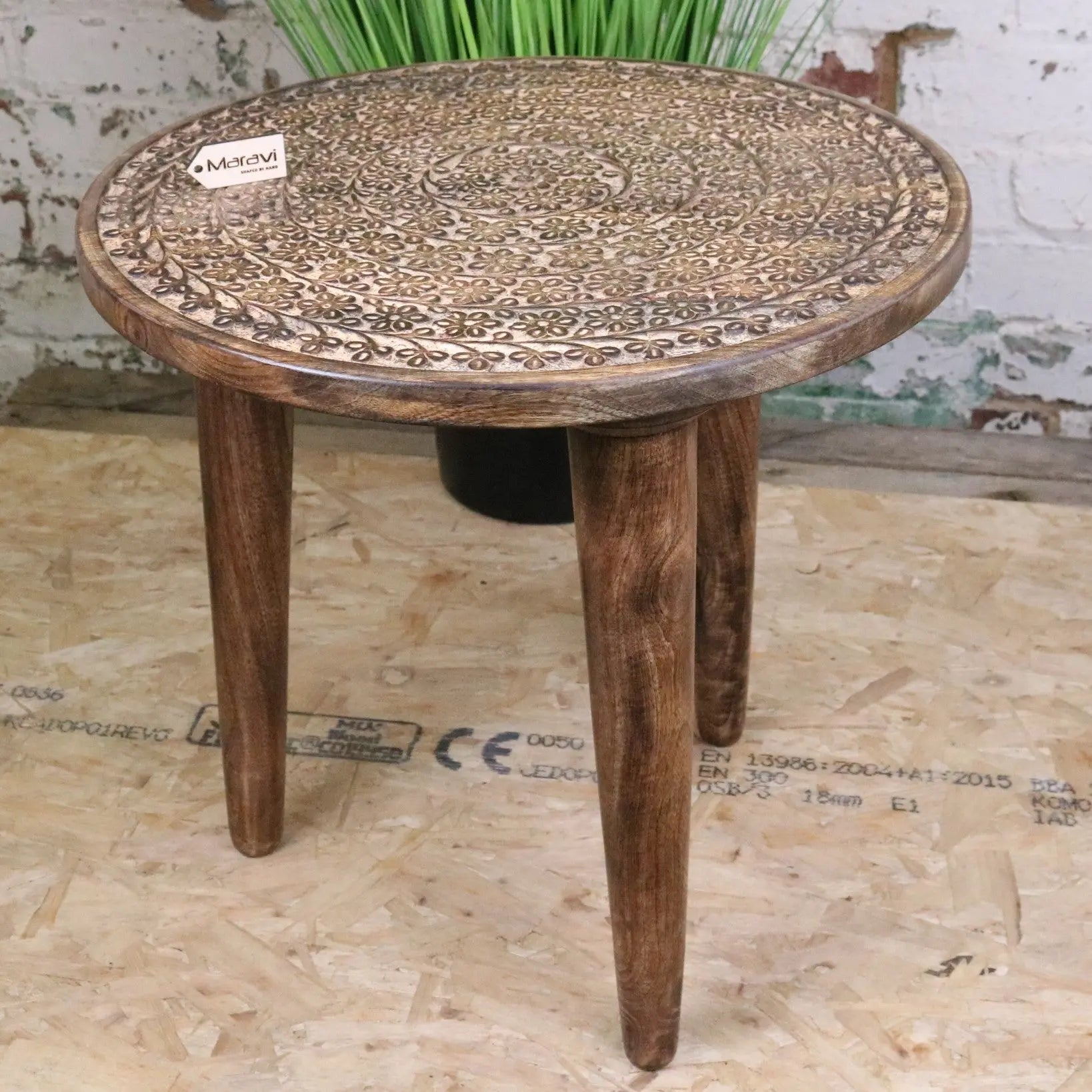Rawlan Carved Wooden Side Table Burnt Finish