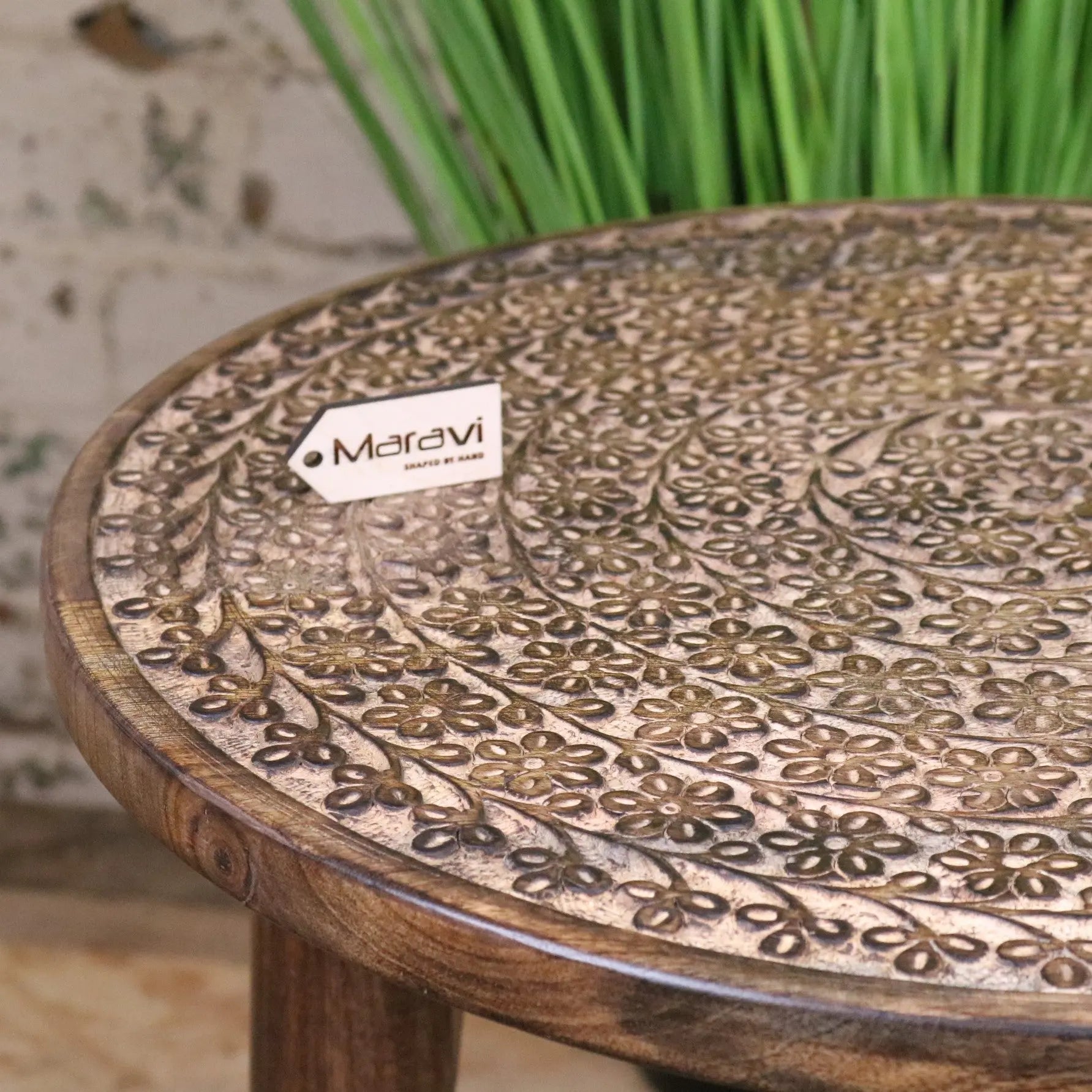 Rawlan Carved Wooden Side Table Burnt Finish