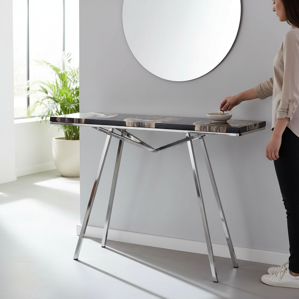 Relic Black Resin And Silver Legs Console Table