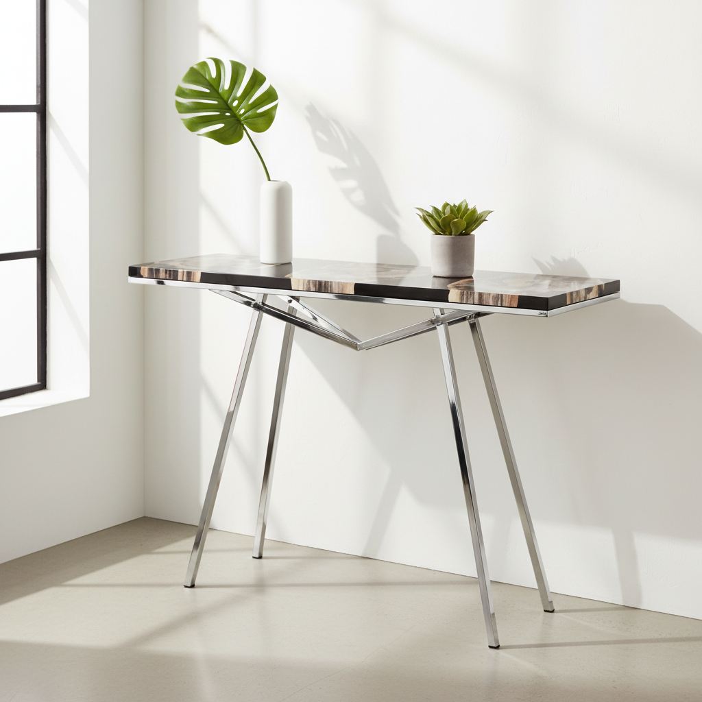 Relic Black Resin And Silver Legs Console Table