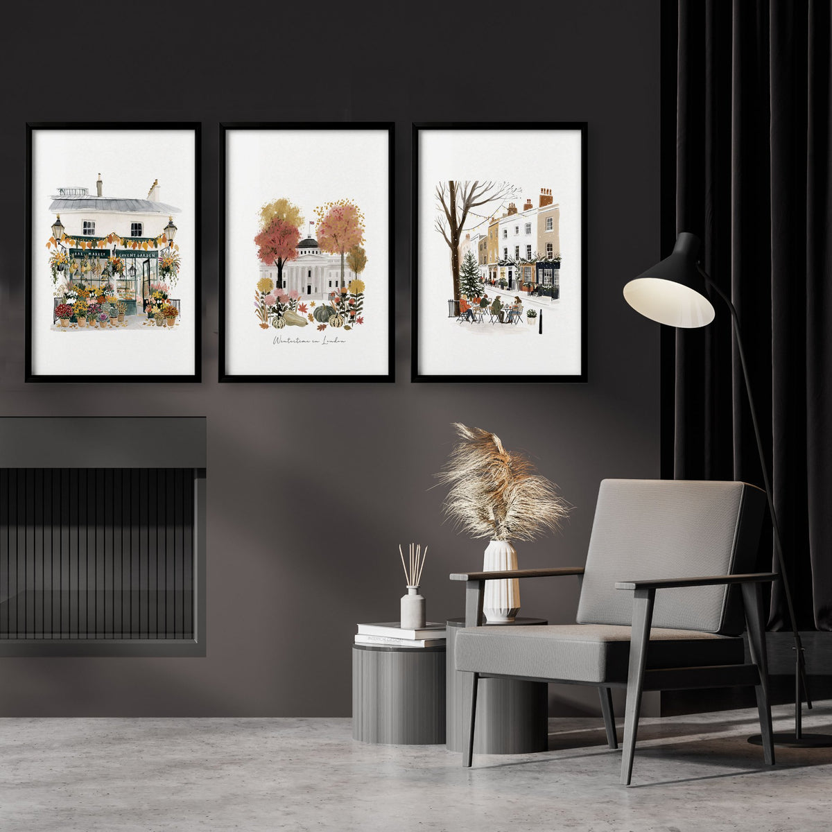 Retro Travel Posters London Scenes Terracotta & White wall art displayed on a wall in a styled room — view 2