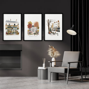 Retro Travel Posters London Scenes Terracotta & White wall art displayed on a wall in a styled room — view 2