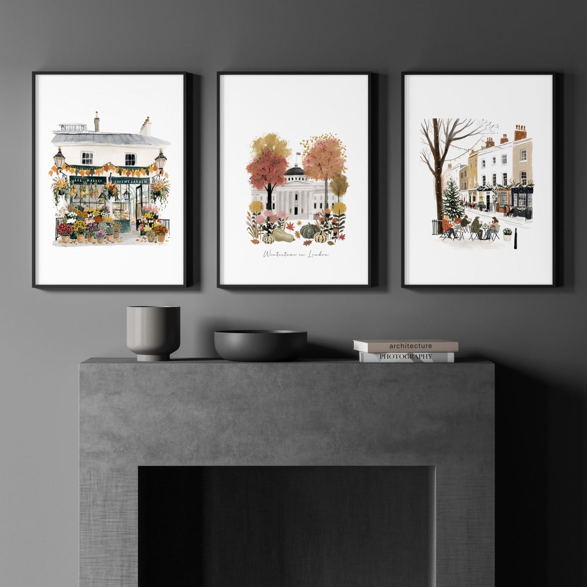 Retro Travel Posters London Scenes Terracotta & White wall art displayed on a wall in a styled room — view 3