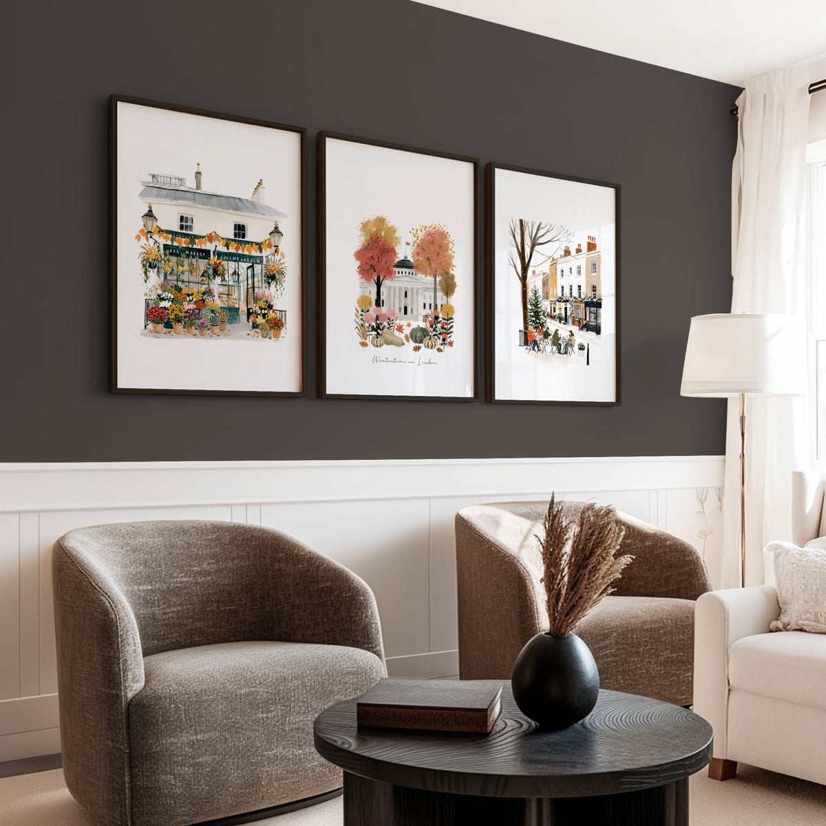 Retro Travel Posters London Scenes Terracotta & White wall art displayed on a wall in a styled room — view 4
