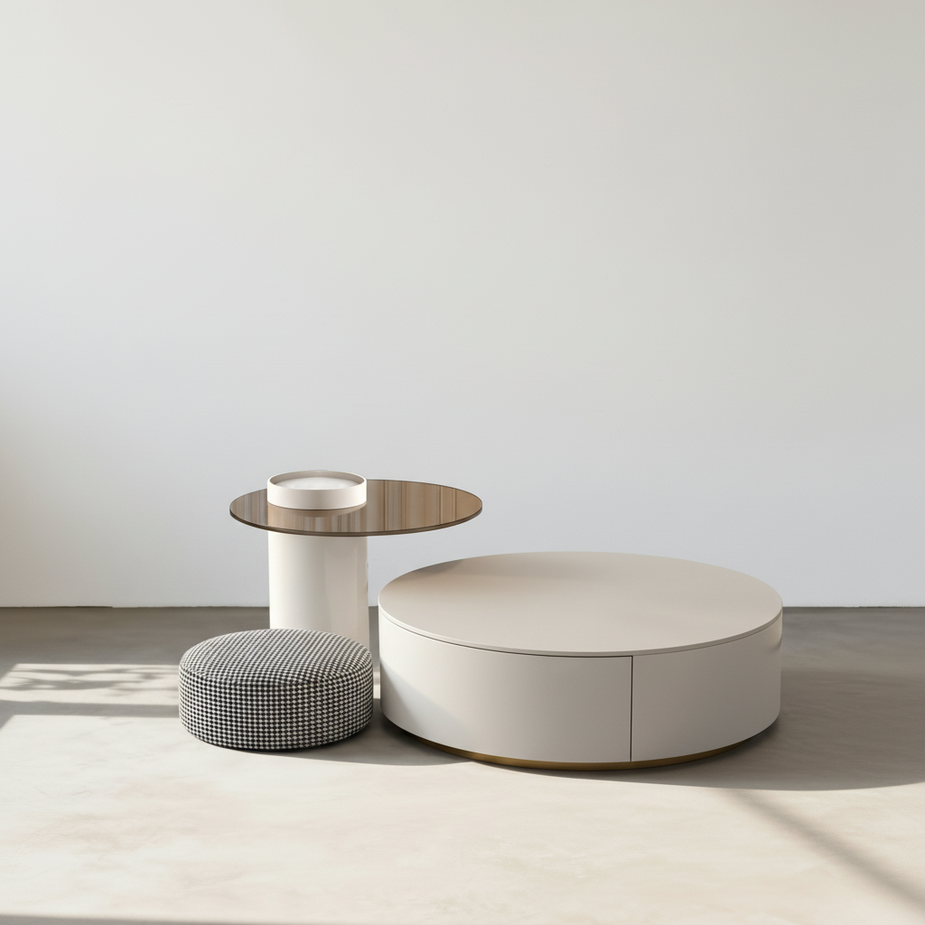 Riviera Round Nesting Coffee Table Set With Ottoman, White