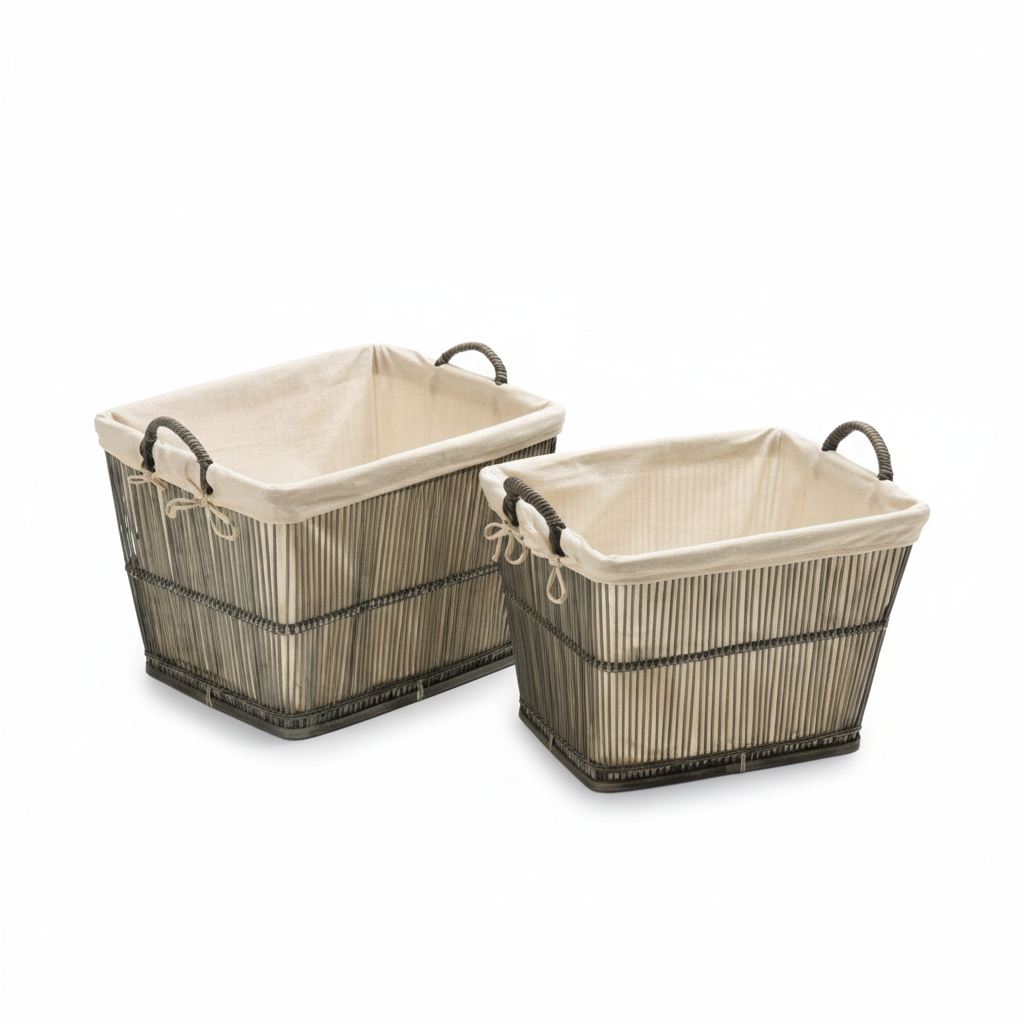 Rustic Rattan/Bamboo Grey Washed Set of 2 Storage Baskets