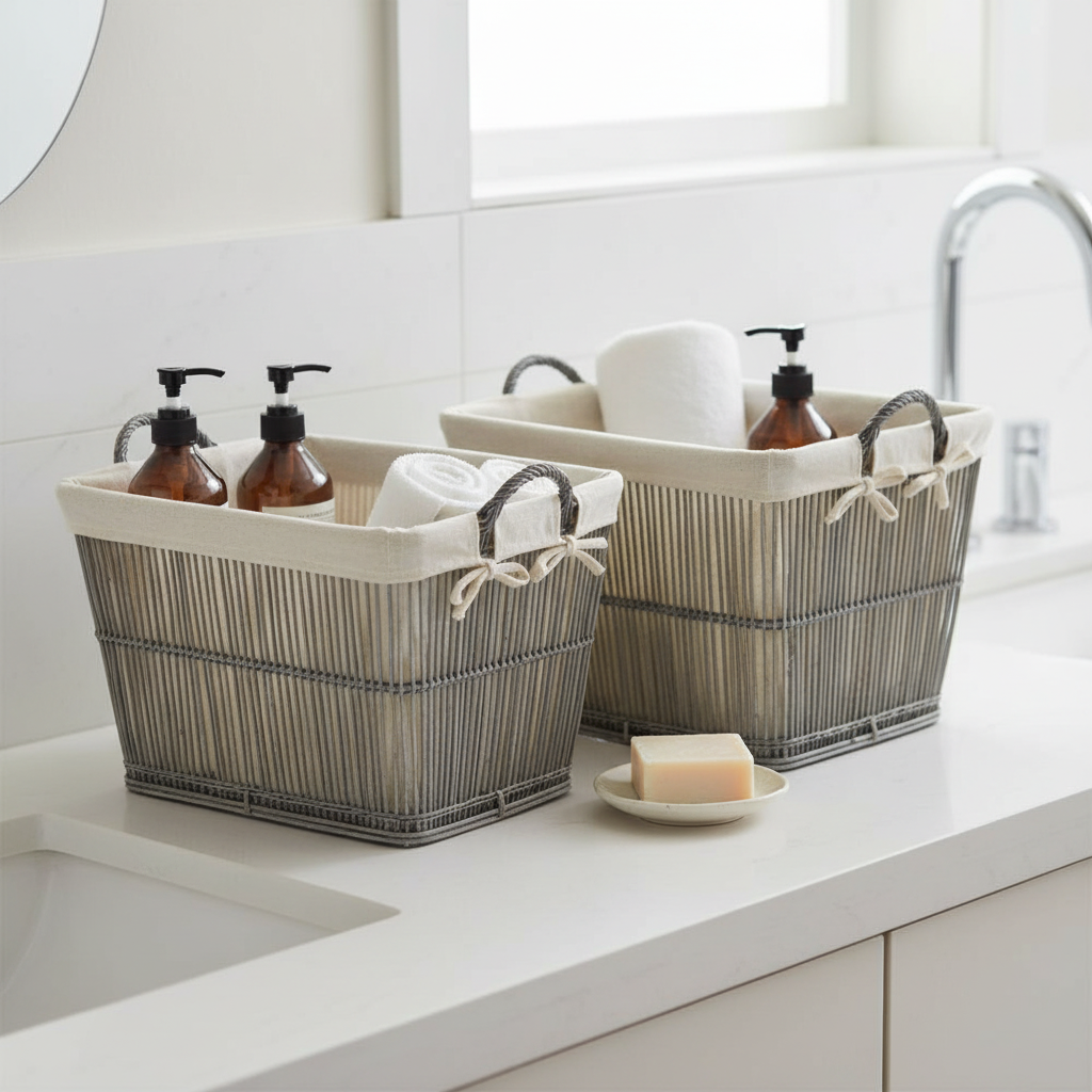 Rustic Rattan/Bamboo Grey Washed Set of 2 Storage Baskets
