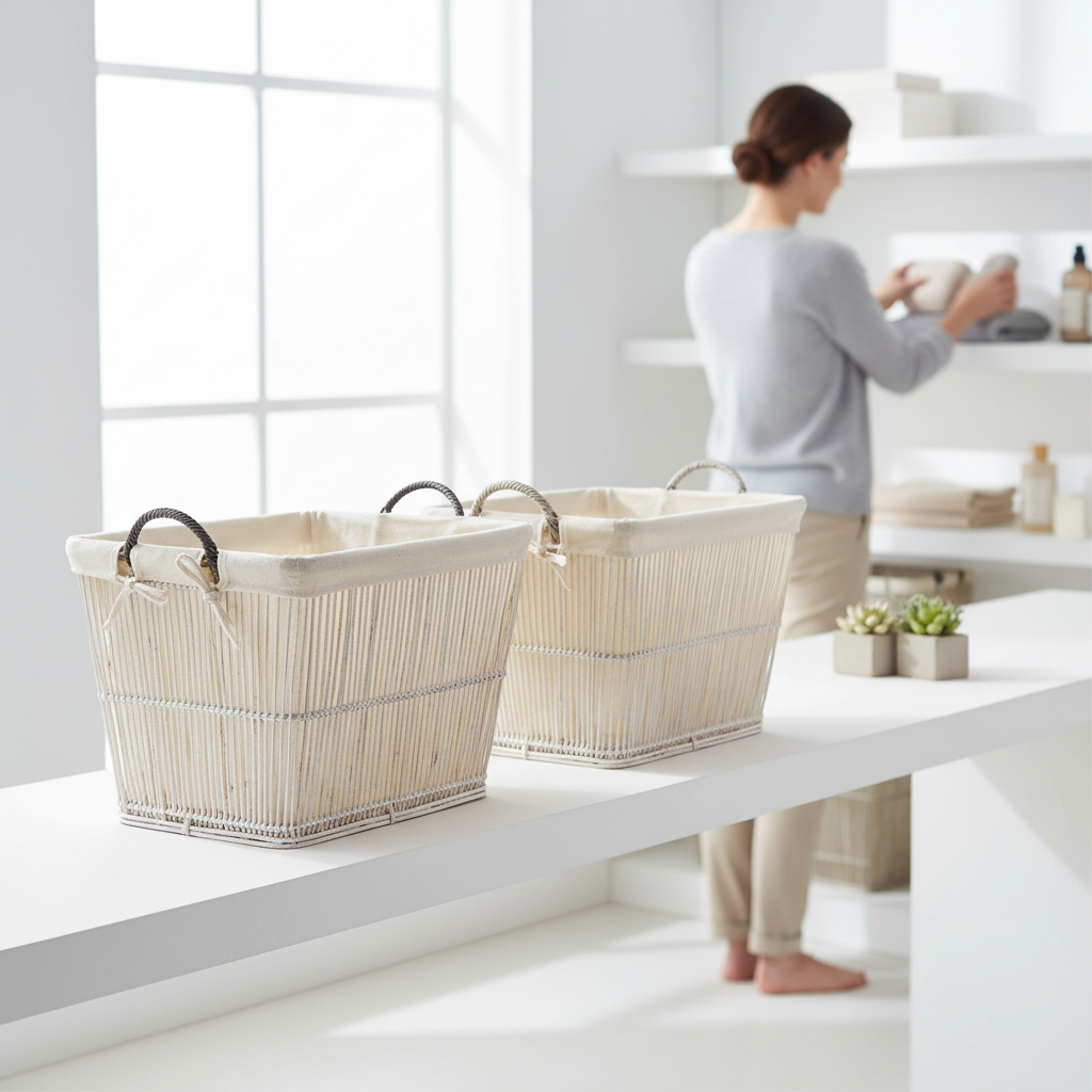 Rustic Rattan/Bamboo White Washed Set of 2 Storage Baskets