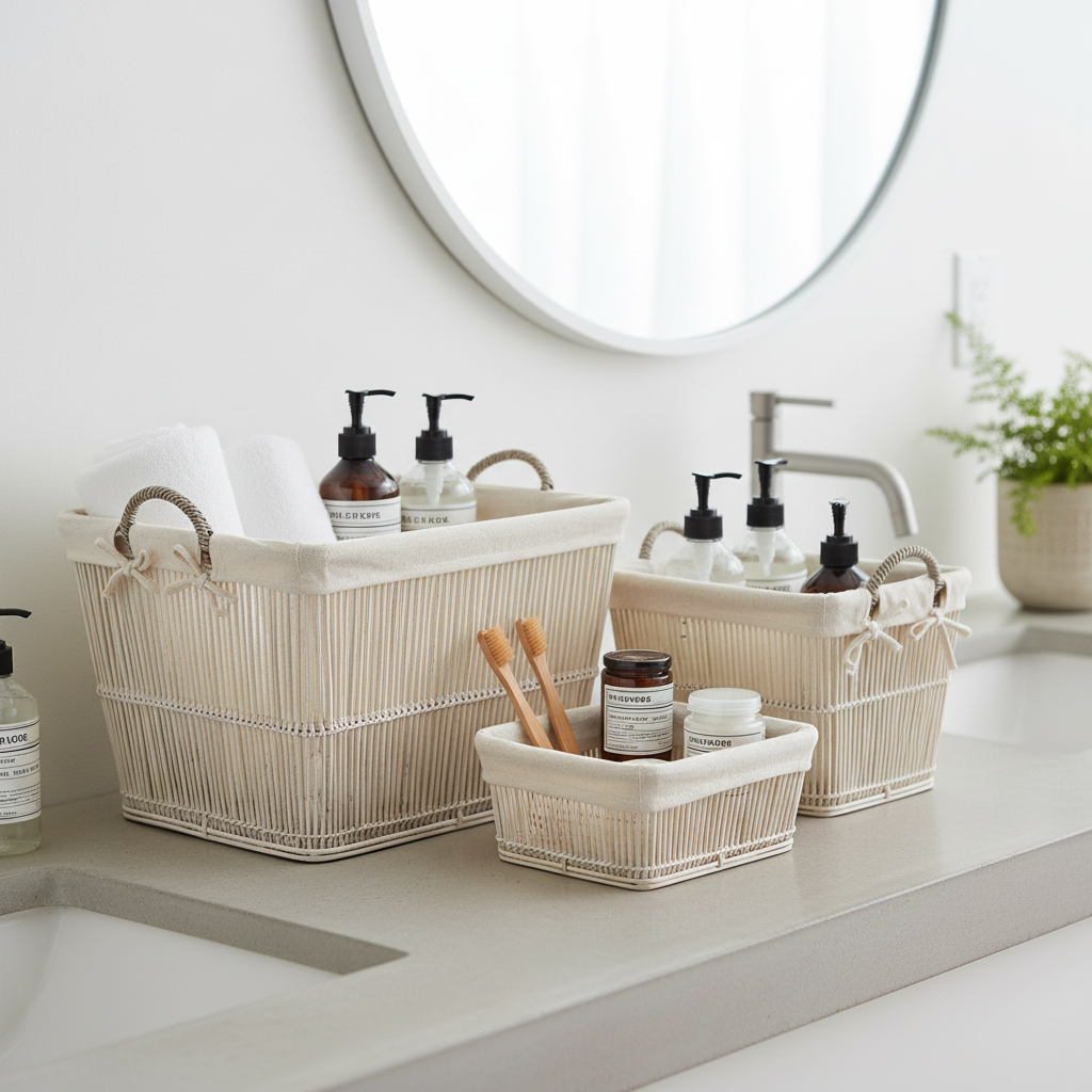 Rustic Rattan/Bamboo White Washed Set of 2 Storage Baskets