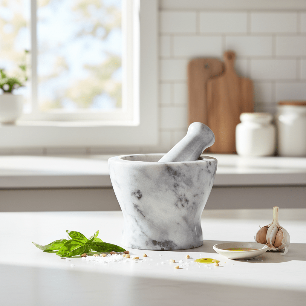 Salerno Grey Marble Curved Mortar And Pestle