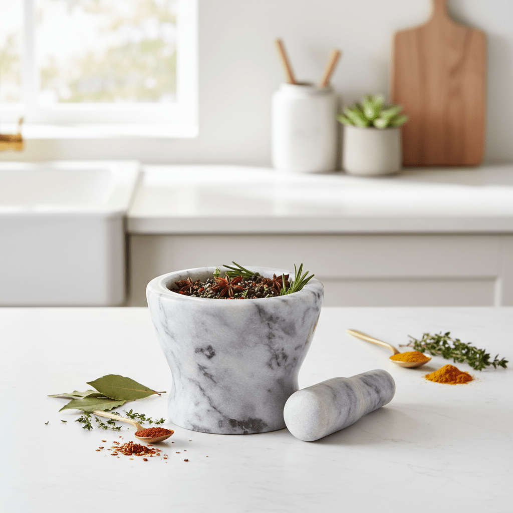 Salerno Grey Marble Curved Mortar And Pestle