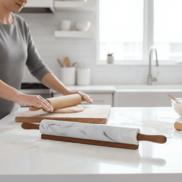 Salerno White Marble Rolling Pin With Wooden Handles