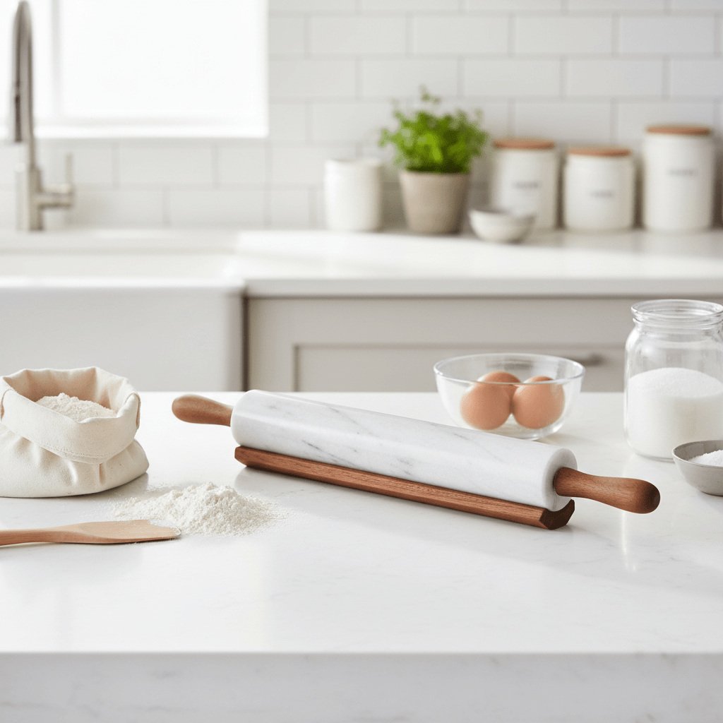 Salerno White Marble Rolling Pin With Wooden Handles
