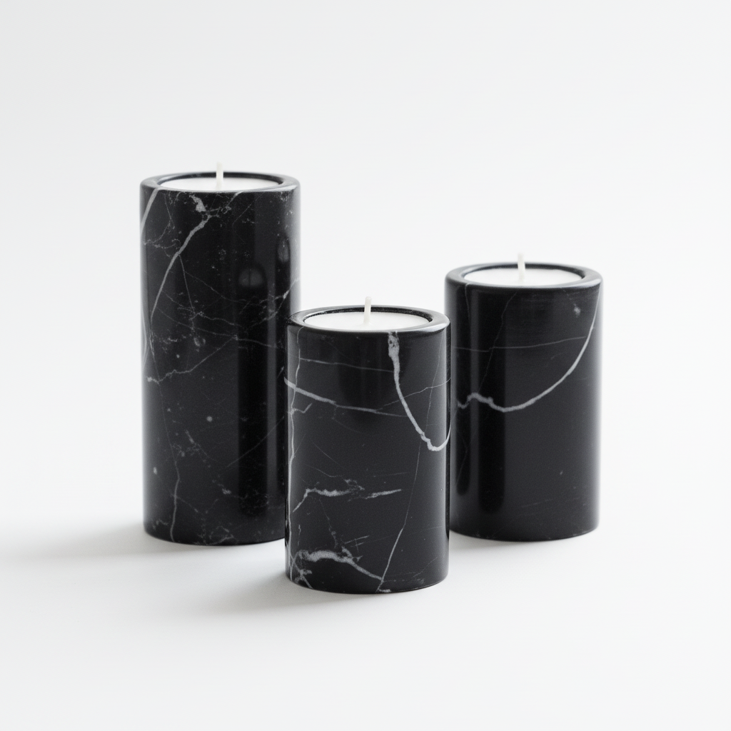 Salmo Set Of Three Black Marble Tealight Holders