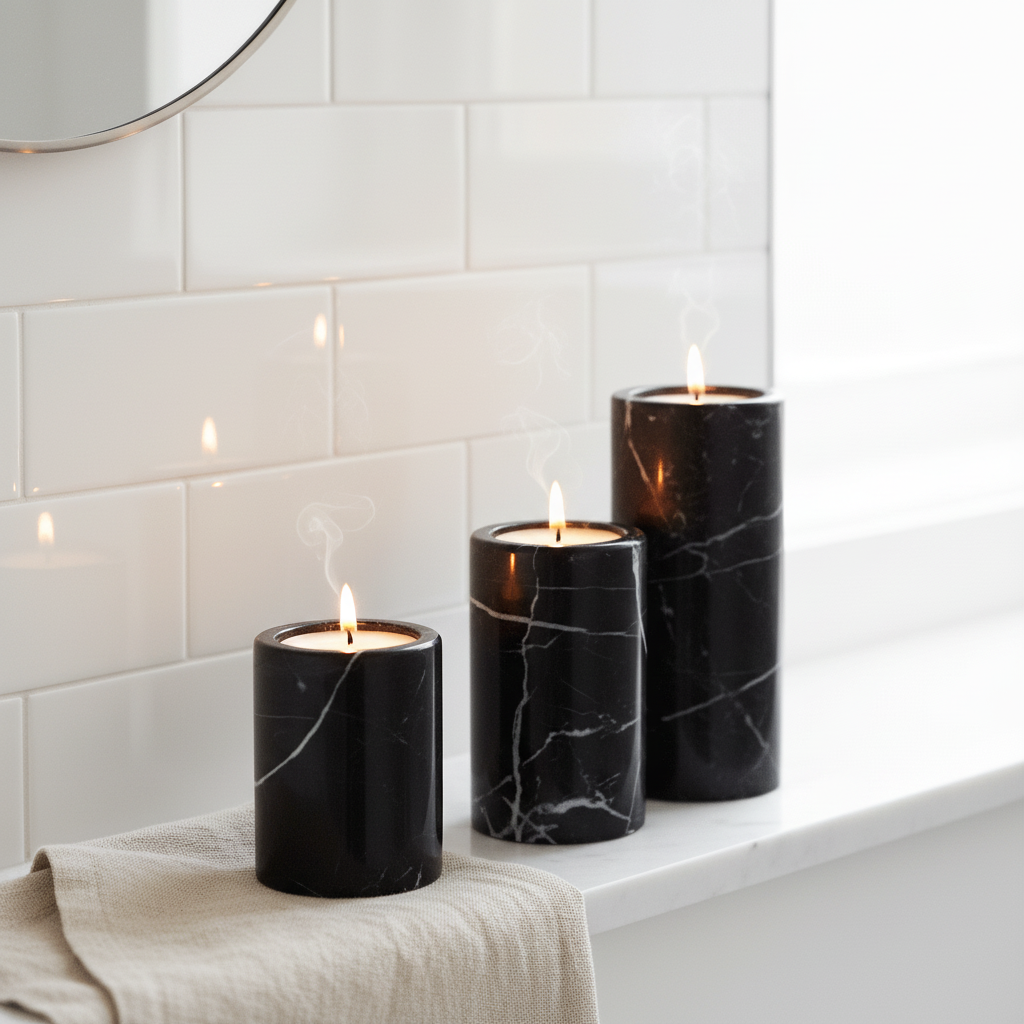 Salmo Set Of Three Black Marble Tealight Holders