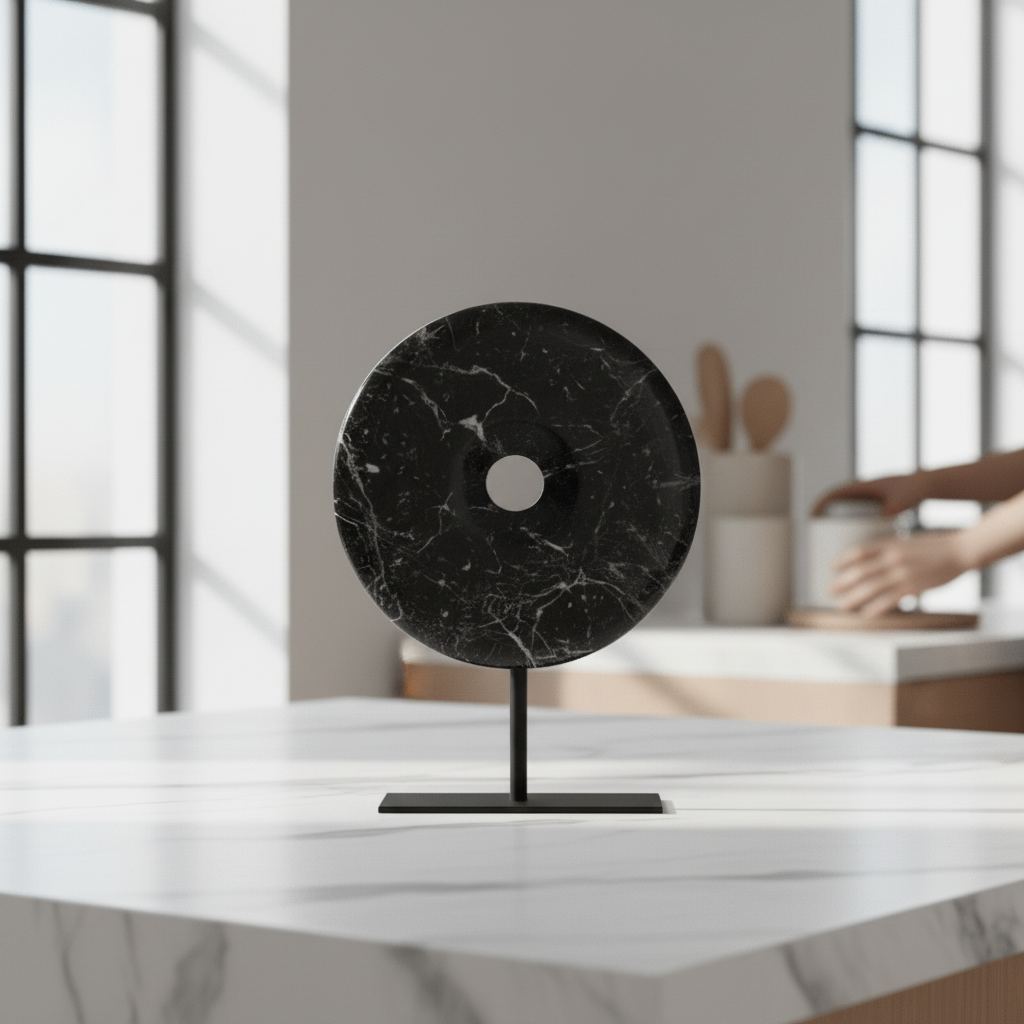 Salmo Small Round Black Marble Disc Sculpture