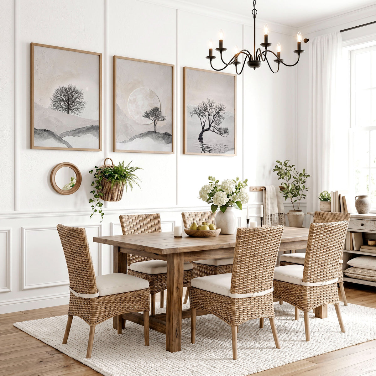 Scandinavian Art wall art Nordic Landscape Trees & Moon Neutral Beige Black displayed on a wall in a styled room