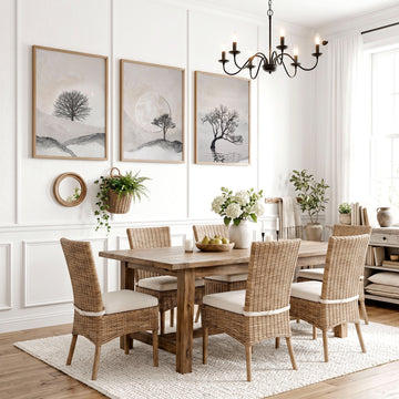 Scandinavian Art wall art Nordic Landscape Trees & Moon Neutral Beige Black displayed on a wall in a styled room