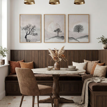 Scandinavian Art wall art Nordic Landscape Trees & Moon Neutral Beige Black displayed on a wall in a styled room — view 2
