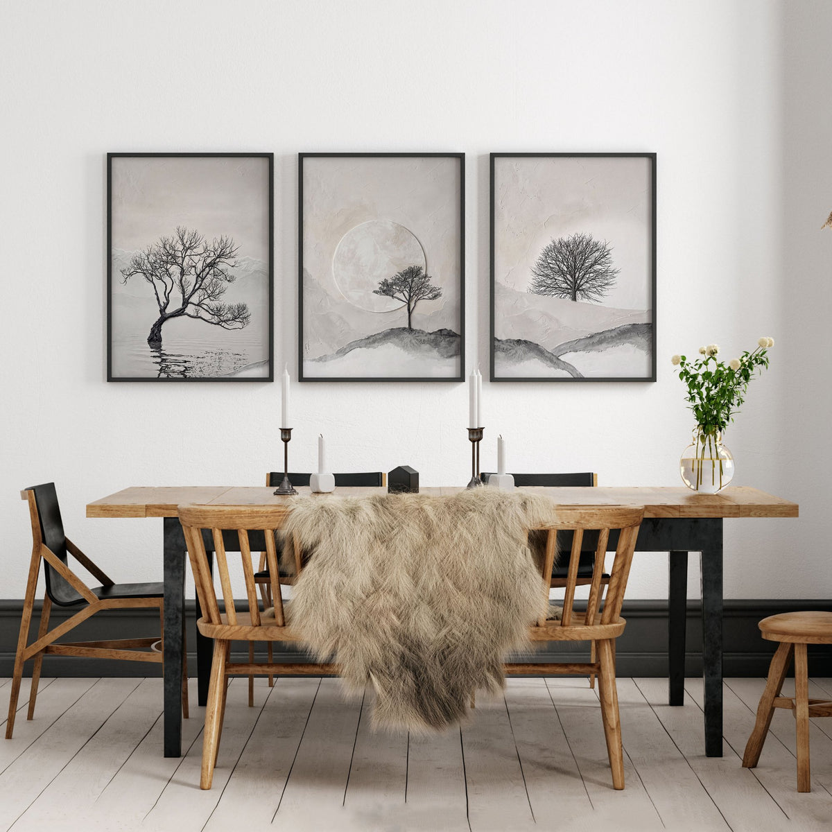 Scandinavian Art wall art Nordic Landscape Trees & Moon Neutral Beige Black displayed on a wall in a styled room — view 5