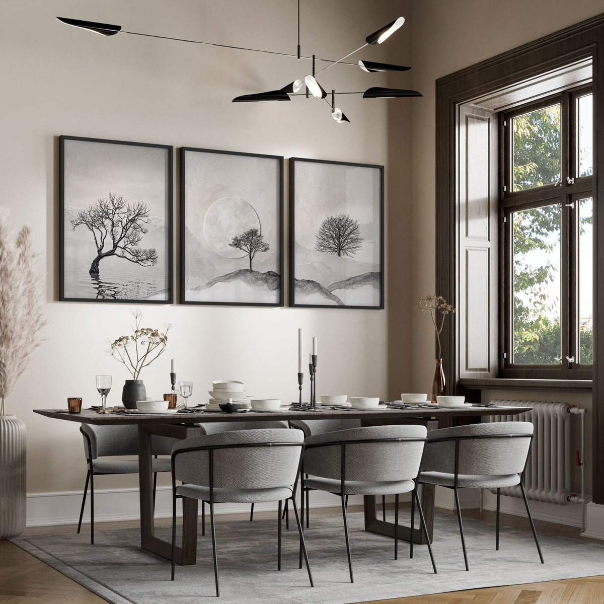 Scandinavian Art wall art Nordic Landscape Trees & Moon Neutral Beige Black displayed on a wall in a styled room — view 6