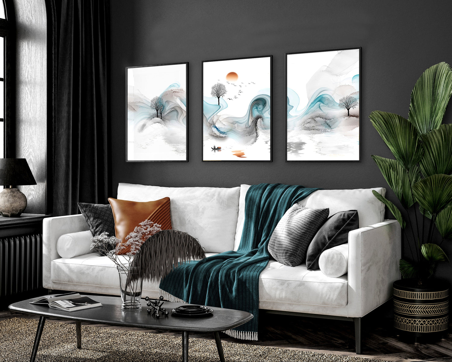 Living room with a set of three blue and gold abstract framed wall art prints