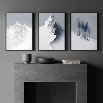 Scandinavian Wall Decor Snow Mountain & Nordic Forest Landscape wall art displayed on a wall in a styled room