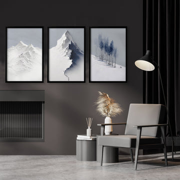 Scandinavian Wall Decor Snow Mountain & Nordic Forest Landscape wall art displayed on a wall in a styled room — view 2