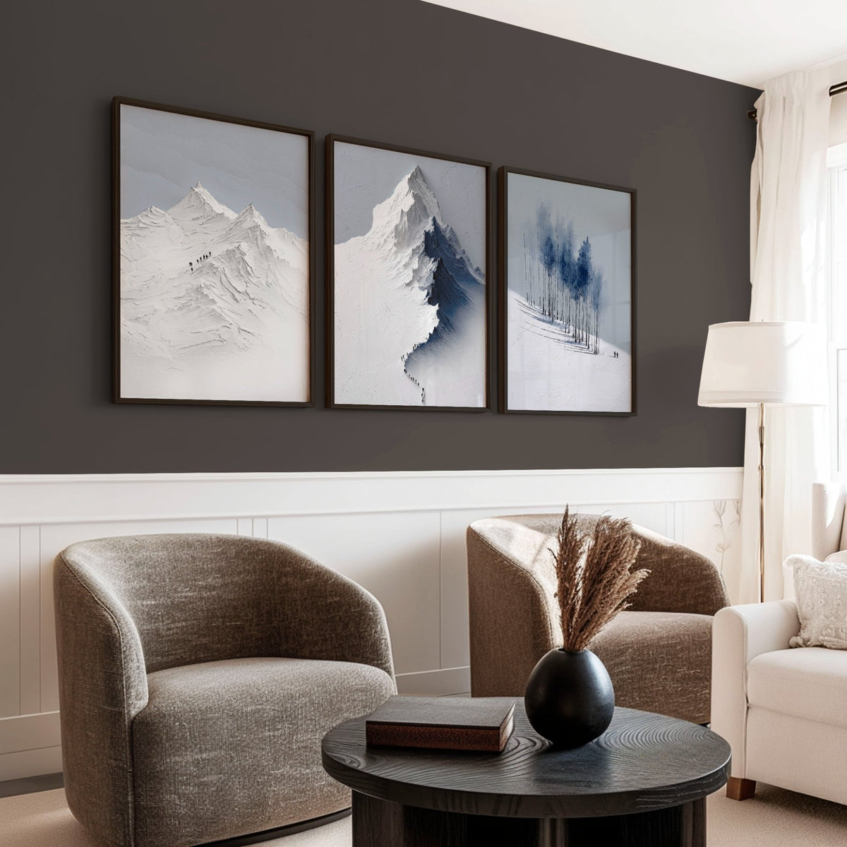 Scandinavian Wall Decor Snow Mountain & Nordic Forest Landscape wall art displayed on a wall in a styled room — view 3