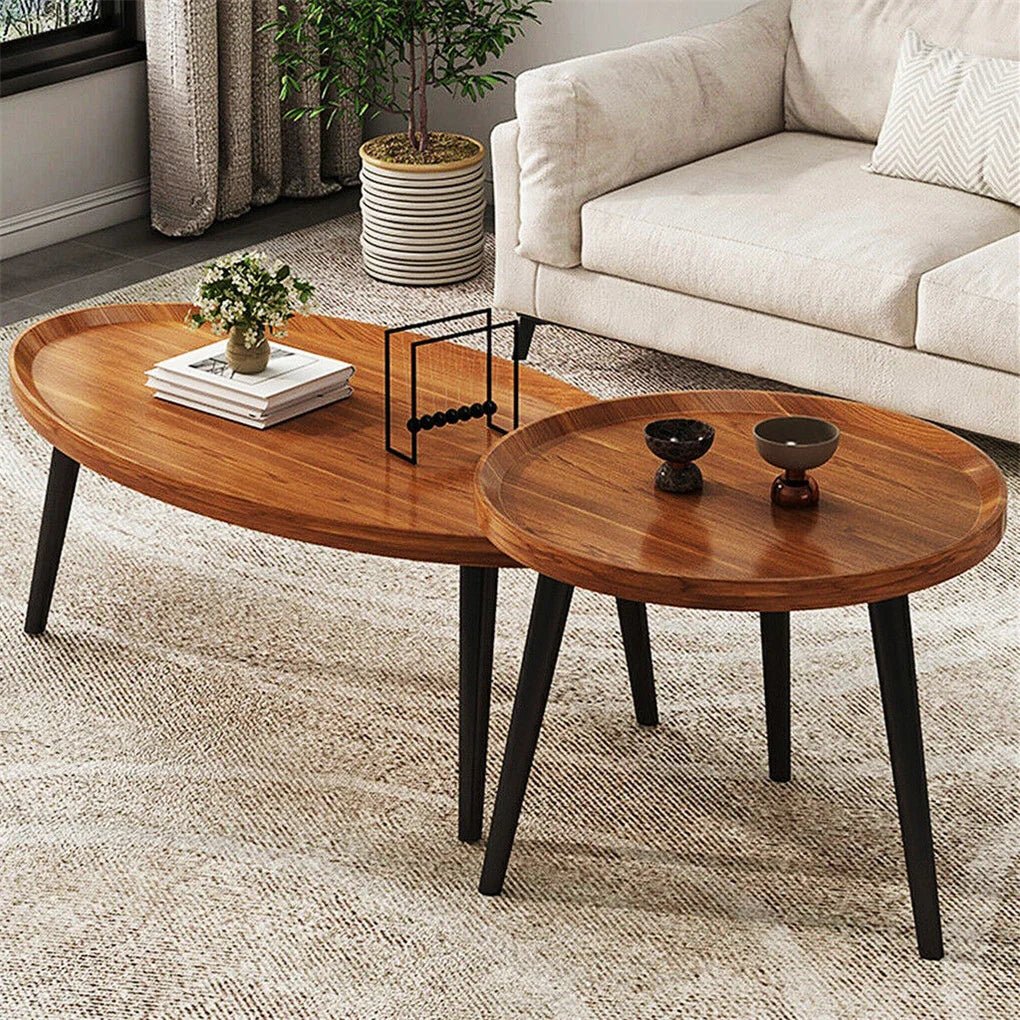 Set of 2 Mid - Century Coffee Table, Solid Wood, Drop Shape, Nesting Tables, Accent Ottoman Table, Living Room Office
