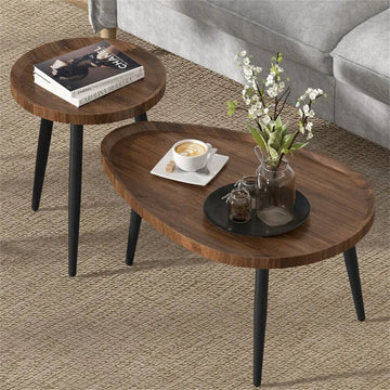 Set of 2 Mid - Century Coffee Table, Solid Wood, Drop Shape, Nesting Tables, Accent Ottoman Table, Living Room Office
