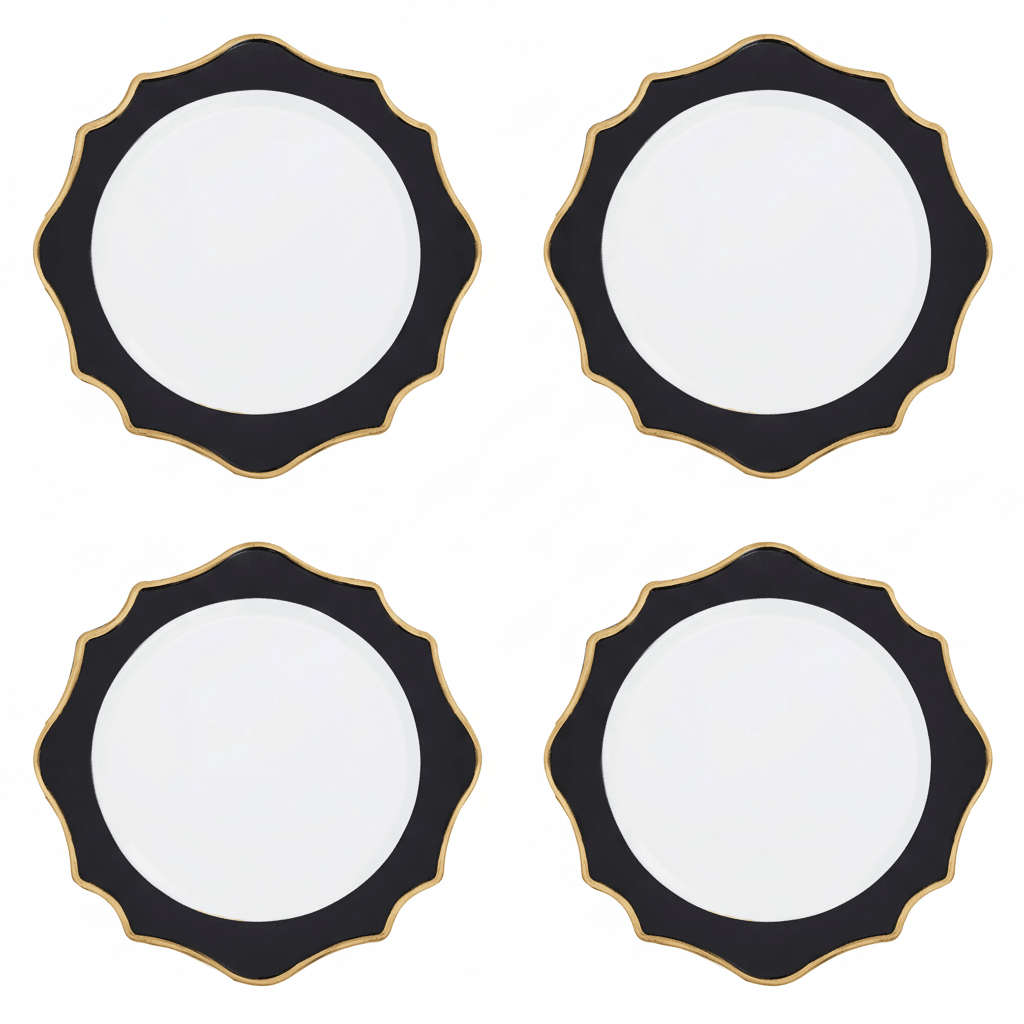 Set of 4 33cm Dia White and Black Round Charger Plates