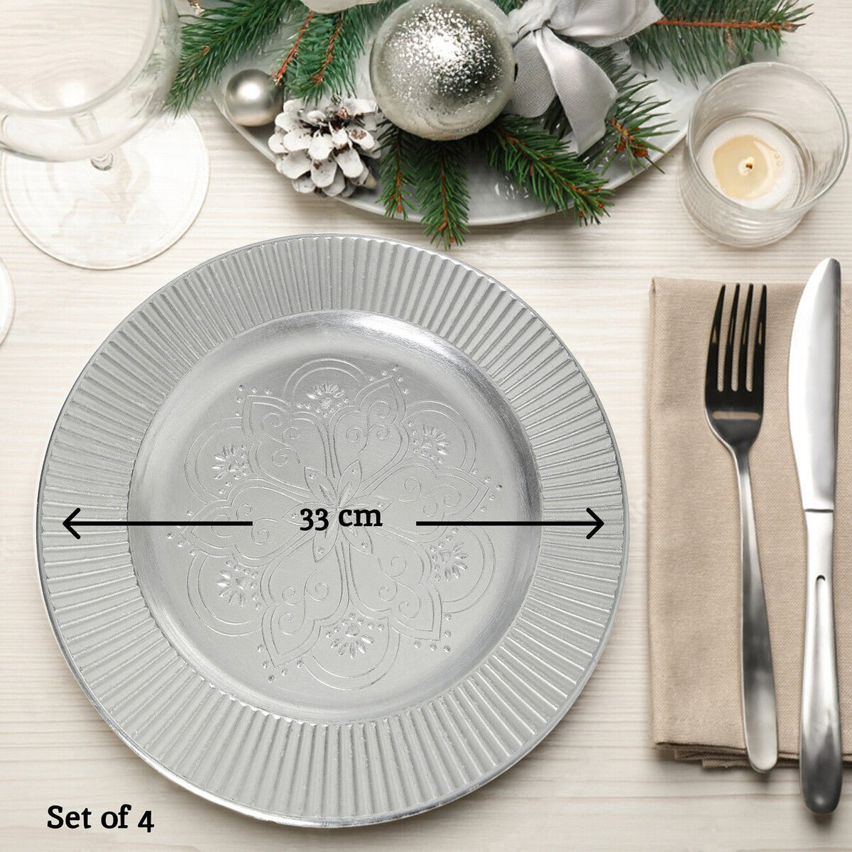 Set of Four 33cm Dia Redbud Silver Charger Plates