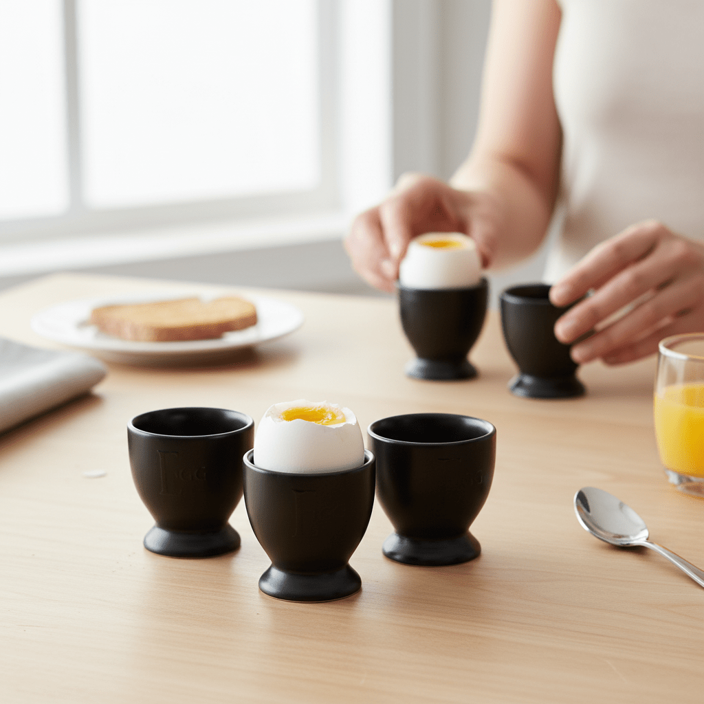 Set Of Four Black Text Egg Cups
