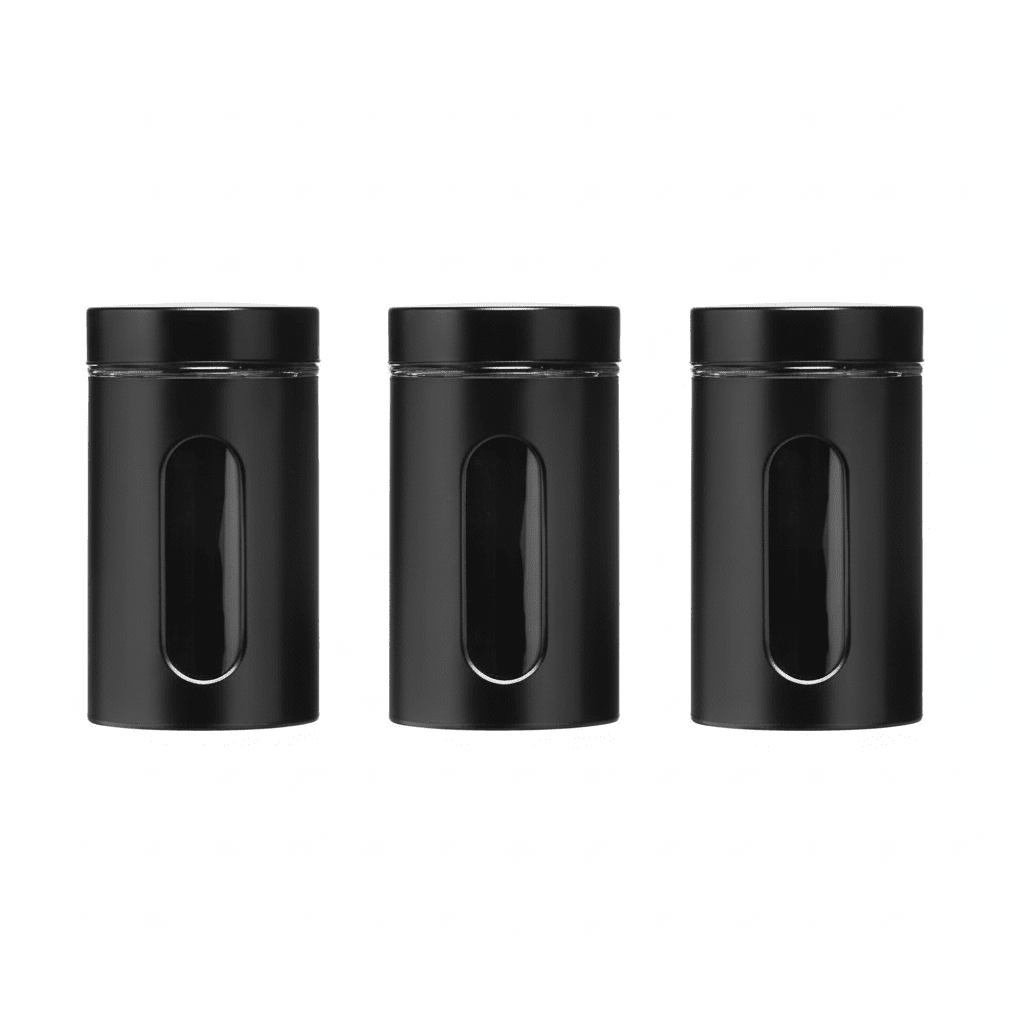 Set Of Three Clear And Black Storage Jars