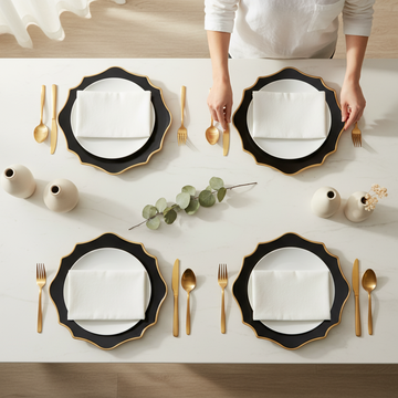 Set of 4 33cm Dia White and Black Round Charger Plates