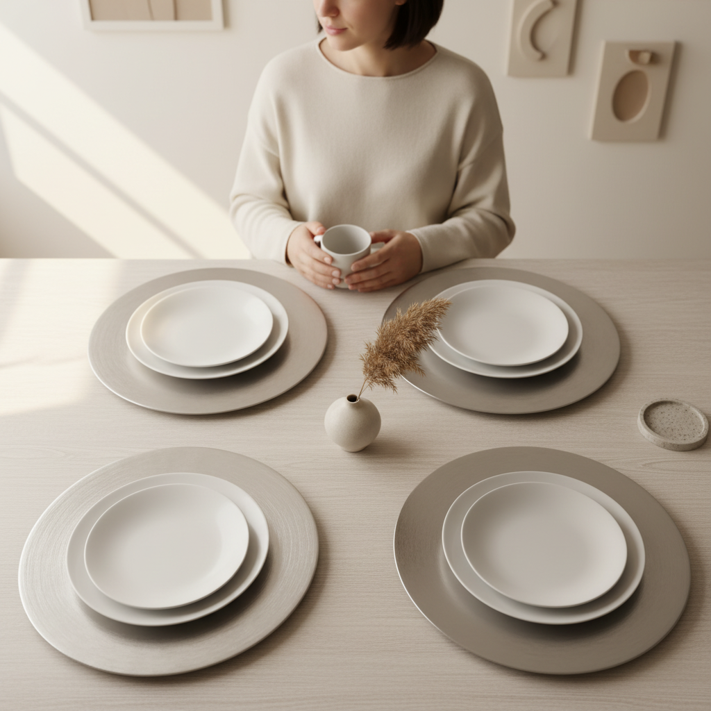 Set of Four 33cm Dia Flat Style Silver Decorative Charger Plates