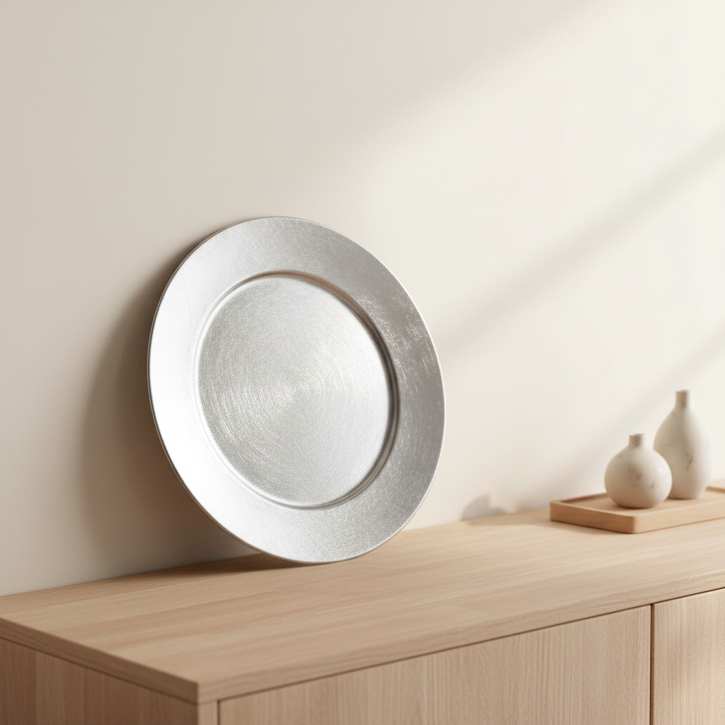 Set of Four 33cm Dia Flat Style Silver Decorative Charger Plates